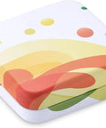 Colorful tin box from ZEISS Lens Cleaning Wipes Tin Boxes With Hinged Lids Pack Of Four, showcasing abstract design with multi-color accents.