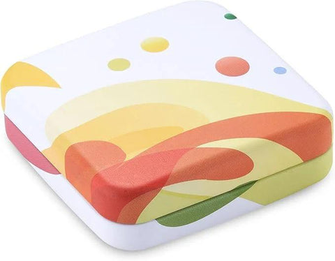 Colorful tin box from ZEISS Lens Cleaning Wipes Tin Boxes With Hinged Lids Pack Of Four, showcasing abstract design with multi-color accents.