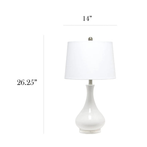 Ceramic Genie Tear Drop Table Lamp With Glossy Light Blue Base And White Fabric Shade Rotary Socket Switch 60W Equivalent Bulb 5 Foot Clear Plug In Cord Available In Multiple Base Color Options, showing lamp size.