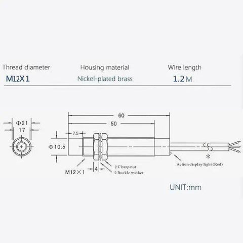 Diagram of 5 Pack Inductive Proximity Switch LJ12A3-4-Z/BY with dimensions, nickel-plated brass housing, M12X1 thread, for automation use.