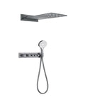 RIBEUJIZS Digital Shower System in gun grey, features overhead shower head and handheld shower with wall-mounted controls.