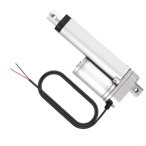 Built Different 12V Linear Actuator Packing 1500N Thrust And IP65 Waterproof Aluminum Housing With Self Locking Motor, showing actuator with motor and wires.