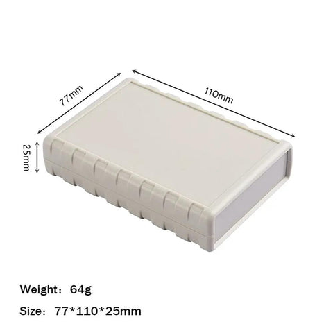 Desktop Instrument Box Enclosure Made From Tough ABS Plastic For DIY Electronics Control Panels DIY Friendly Junction Box 77 X 111.5 X 25.5 mm White Compact Rugged Desktop Case For Projects with dimensions visible.