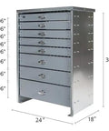 Heavy Duty Steel Toolbox Featuring Eight Rock Solid Drawers tailored for trucks, showing dimensions of 24" x 18" x 36.63".