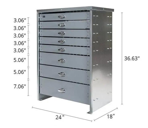 Heavy Duty Steel Toolbox Featuring Eight Rock Solid Drawers tailored for trucks, showing dimensions of 24" x 18" x 36.63".