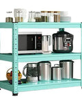 Adjustable Three Tier Metal Storage Shelves Free Standing Garage And Kitchen Shelving Unit Heavy Duty Carbon Steel Organizer Rack For Home Office with kitchen appliances and jars.