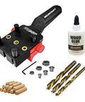 Self Centering Dowel Jig Kit for Woodworking with handheld jig, metal bushings, wood glue, drill bits, dowels, accessory pack.