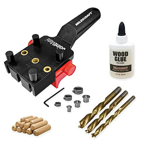 Self Centering Dowel Jig Kit for Woodworking with handheld jig, metal bushings, wood glue, drill bits, dowels, accessory pack.