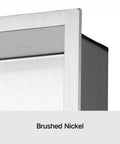 Close-up of brushed nickel finish on shower niche insert storage dual shelf for no tile needed walls 16x20. Stainless steel sloped sides.