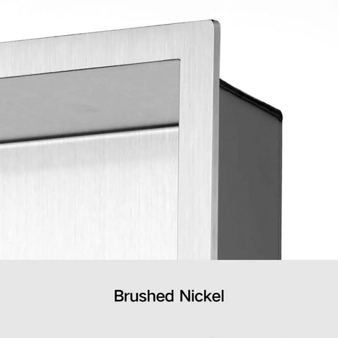 Close-up of brushed nickel finish on shower niche insert storage dual shelf for no tile needed walls 16x20. Stainless steel sloped sides.
