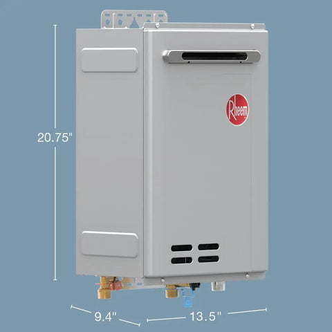 Heavy Duty Outdoor Natural Gas Tankless Water Heater 9.5 GPM 199900 BTU shown with dimensions 20.75" H x 13.5" W x 9.4" D.