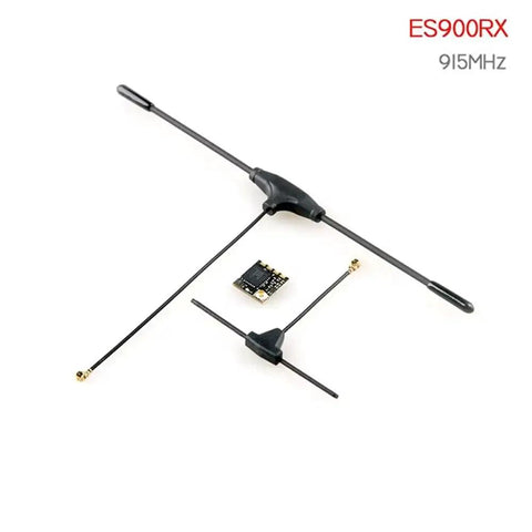 ExpressLRS ES900TX Module And ES900RX Receiver Combo Kit 915MHz for FPV RC drones, featuring antennas and receiver, top view.