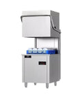 Commercial Fully Automatic Floor Standing Dishwasher Heavy Duty Kitchen Rig Featuring Triple Dirt Blast Filters And No Sweat Sanitizing Cycle For Restaurants And Food Service Operations, showcasing plates in a blue rack.