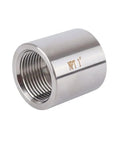 Heavy Duty Stainless Steel 304 Pipe Coupling 1-1/4 Inch NPT Female X 1-1/4 Inch NPT Female Forged High Pressure Class 3000 Fitting for Fuel Plumbing Gas and Refrigeration Systems, angled view