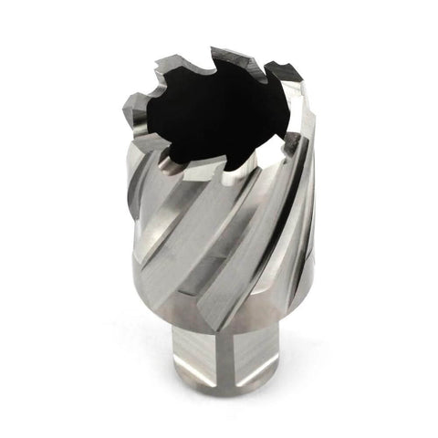 Front view of Oscarbide 1-1/4 in annular cutter with 3/4 in Weldon shank; 1 in depth of cut.