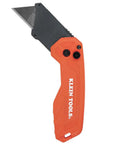Klein Tools FLICKBLADE folding utility knife with orange handle and carbon-steel blade, pocket clip