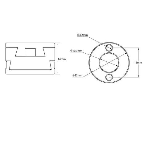 Get Smooth Z-Axis Motion With This 16mm Oldham Coupling And Screw Kit For VzBot BLV Hot Bed Lead Printer Upgrades That Cut Vibrations, technical drawing with 16mm and 14mm dimensions