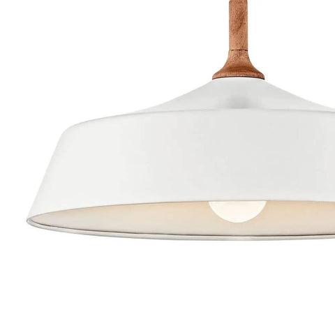 Danika 9.25 Inch One Light Pendant in white finish with wood accents, close-up of rustic lodge style hanging light for kitchen
