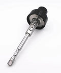 Angled side view of 042856-1 water jet cutting head for 60k intensifier pump; silver metal shaft with black housing