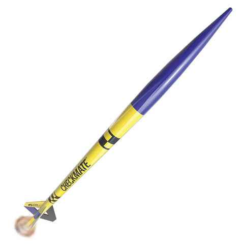 Checkmate Advanced Two Stage Flying Rocket Model Kit For Ages 10 And Up with blue and yellow design decals in flight.