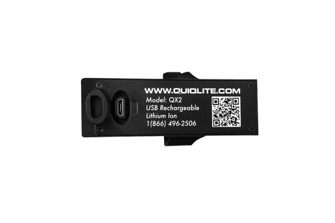 Back view of White LITE Hands Free LED Pocket Light with USB rechargeable power outlet and product label