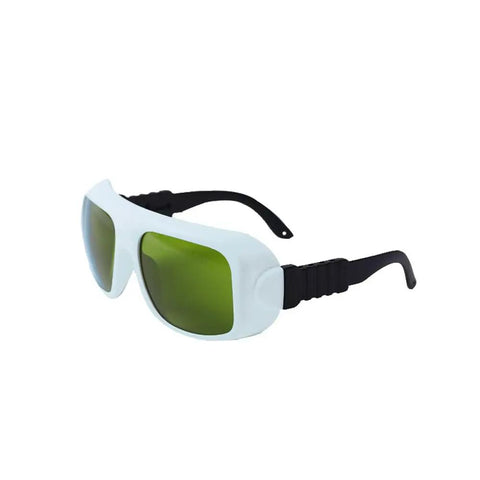 Top Shelf Infrared Laser Safety Glasses For Nd Yag And Diode Cutters Defending 740 To 1100nm Ranges With Badass OD Ratings Up To Seven. White and black frame sports glasses with green tint.
