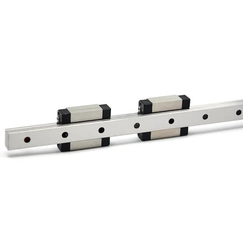 350mm MGN12 Linear Rail Guide With Dual MGN12C Carriage Blocks For 3D Printers And CNC Machines, with red stoppers and black blocks.