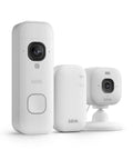 Top Shelf Wireless Security Bundle With 2K Resolution Battery Doorbell Cam Featuring Crisp Night Vision And Sync Hub Included, 3 white devices.