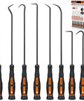 Front view of HORUSDY 8-piece automotive hook and pick set with black/orange handles for oil seal removal.