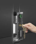 Straight Up Reliable Smart Door Lock With Fingerprint Authentication, showing key insertion into sleek gray panel.