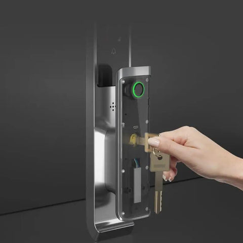 Straight Up Reliable Smart Door Lock With Fingerprint Authentication, showing key insertion into sleek gray panel.