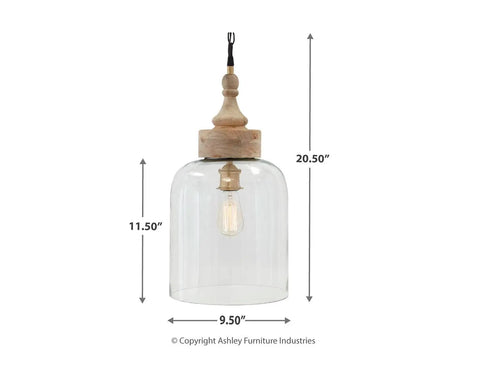 Faiz Dope Rustic Wood and Glass Pendant Light With Natural Wood Finial and Clear Glass Shade, showing dimensions