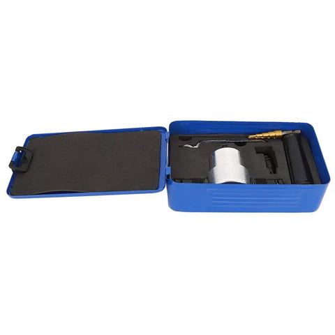6 Pcs Double Head Metal Sheet Nibbler Cutter Drill Attachment Kit in blue storage case, used for thin metal cutting projects.