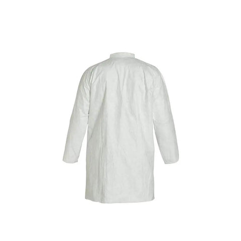 Back view of Disposable Lab Coat With Open Cuff And Hood White X Large 30 Pack Cleanroom Ready Comfort Fit Design With Elastic Waist