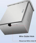 Heavy Duty Stainless Steel EV Charger Cover And Waterproof Lockable Outdoor Enclosure showing wire outlet and inlet holes.