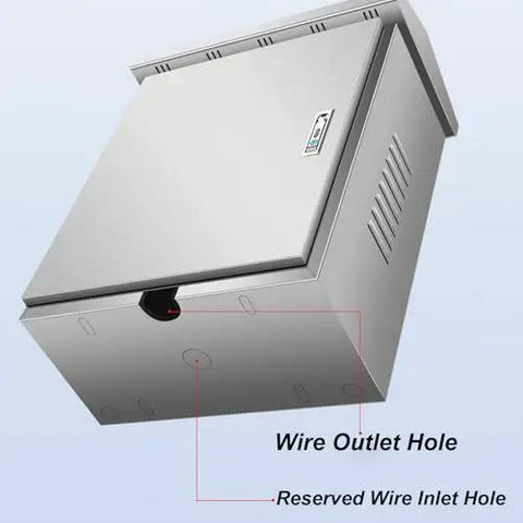 Heavy Duty Stainless Steel EV Charger Cover And Waterproof Lockable Outdoor Enclosure showing wire outlet and inlet holes.