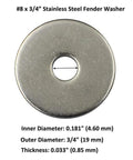 Stainless steel fender washer, #8, 3/4 in OD, 0.181 in ID, 0.033 in thick.