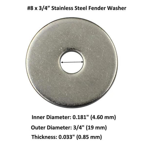Stainless steel fender washer, #8, 3/4 in OD, 0.181 in ID, 0.033 in thick.
