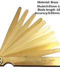 Side view of brass feeler gauge with 100 mm blade length; blades fanned open, thickness range 0.05–1.0 mm.