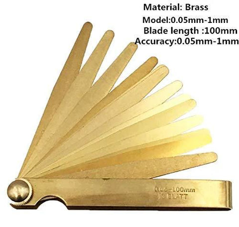 Side view of brass feeler gauge with 100 mm blade length; blades fanned open, thickness range 0.05–1.0 mm.