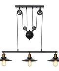 Fresh Vintage Industrial Billiard Chandelier Features Easily Adjustable Pulley Lift System In Classic Black Metal Three Light Ceiling Hanging Lamp with gold accents.