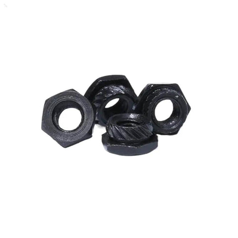 Dang Solid M3 Self Clinching Nuts For Rc Drone Fpv Frames And Quadcopter Sheet Metal Fasteners With Knurled Body To Lock Tight Under Vibration 40 Piece Set, black metal nuts displayed.