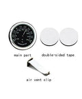 Front view of round black car dashboard thermometer with two white double-sided tape discs and an air vent clip.