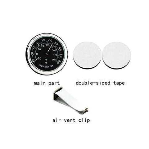 Front view of round black car dashboard thermometer with two white double-sided tape discs and an air vent clip.