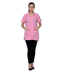 Pink Lab Coat For Women And Men, Short Sleeve Unisex Medical Jacket With Spill-Proof Protection, Canvas Collar Support, Size M, front view
