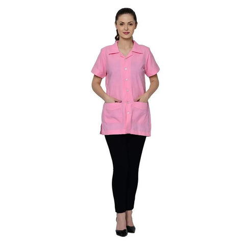 Pink Lab Coat For Women And Men, Short Sleeve Unisex Medical Jacket With Spill-Proof Protection, Canvas Collar Support, Size M, front view