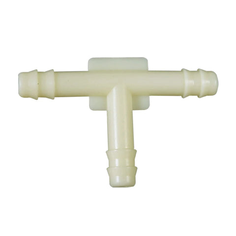 Plastic vacuum hose T-connector with three barbed ports for automotive use, cream color.