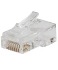 Close-up of a clear pass-through RJ45 plug, part of the Pro Grade Data Cable Crimper And Pass Through CAT6 Modular Plug Kit 50 Pack Tool Set For Fast Ethernet Installations Easy Pass Through Assembly Tools 2 Piece Kit.