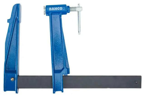 Heavy Duty Plunger Screw Clamp And Square Guide Bench Vice Crafted From Rock Solid Cast Steel Featuring Beefy Interchangeable Jaws For Pro Level Shop Press Projects, blue clamp with a sturdy metal bar.