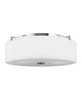 Side view of Sunset Drive Dope Chrome Three Light Flush Mount Ceiling Fixture With White Glass Shade Damp Location Rated 16 Inch Wide Modern Ceiling Light